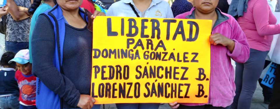 Tres mujeres sostienen una pancarta para pedir la liberta de Dominga, Pedro y Lorenzo. / Foto: Red Nacional de Defensoras México.